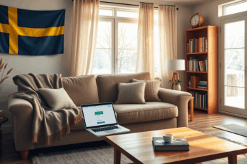 Person ansöker om lån online med dator hemifrån.