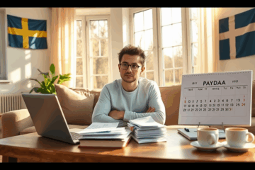 En man med en smartphone och ett leende ansikte som ser ett meddelande om att pengar har frigjorts samma dag.