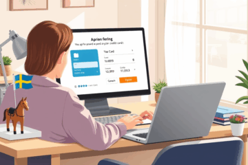 En hand som håller ett virtuellt kreditkort mot en digital bakgrund, symboliserar säker onlinebetalning.