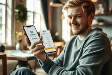 En person använder sin mobiltelefon för att ansöka om ett lån online
