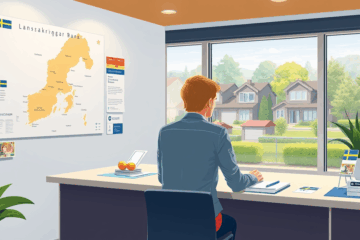 Illustration av låneprocessen hos Länsförsäkringar Bank med ett bostadshus och kalkylator.